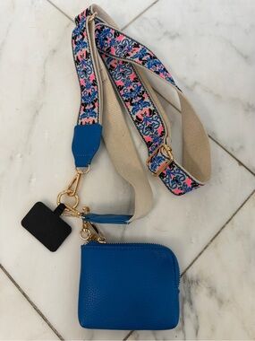 Save The Girls adjustable embroidered phone strap with small blue wallet